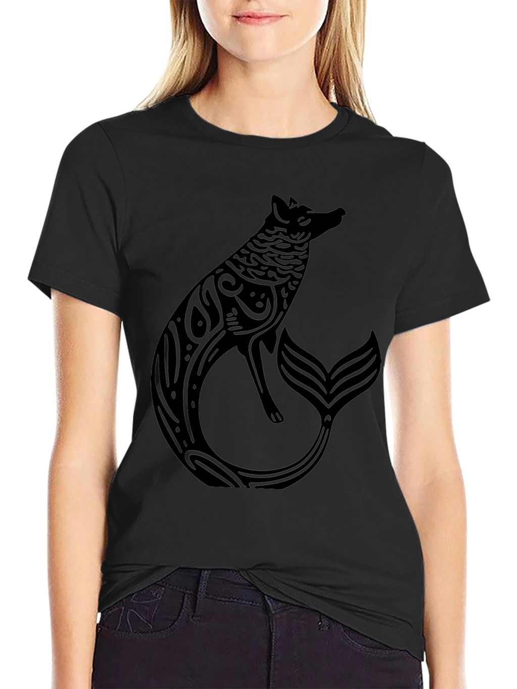 Mystical Fox Mermaid Mens Black T-Shirt