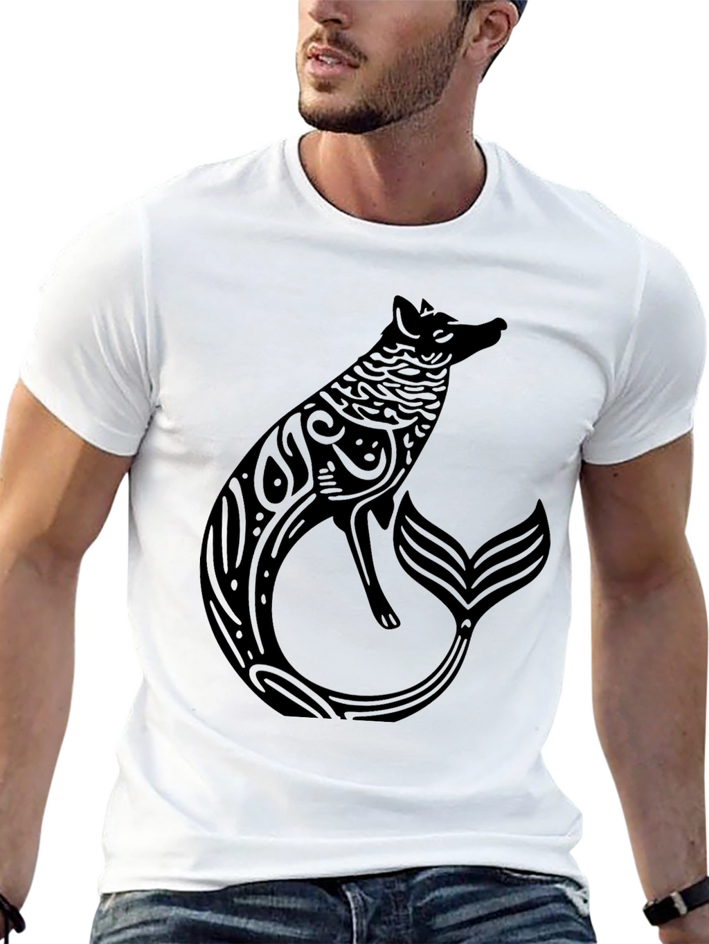 Mystical Fox Mermaid Mens Black T-Shirt