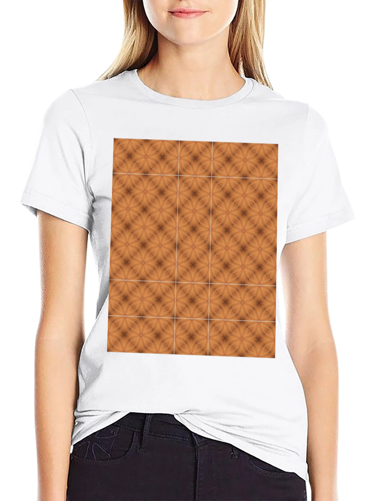 Geometric Tile Print Black Crew Neck Tee
