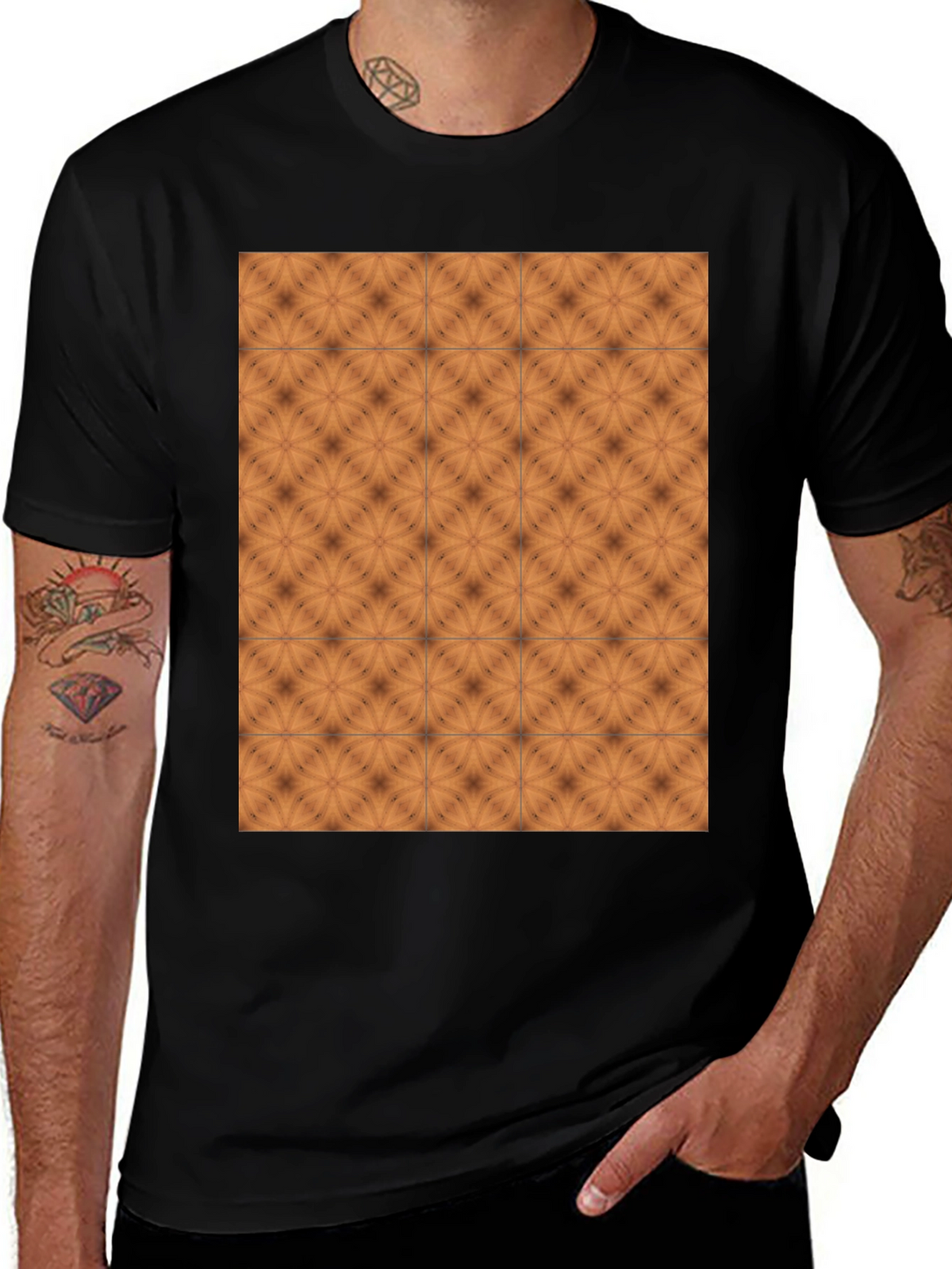 Geometric Tile Print Black Crew Neck Tee