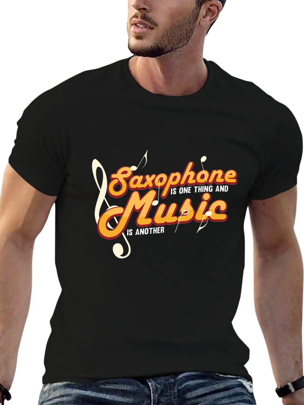 Saxophone and Music Graphic T-Shirt - Stylish Black Tee