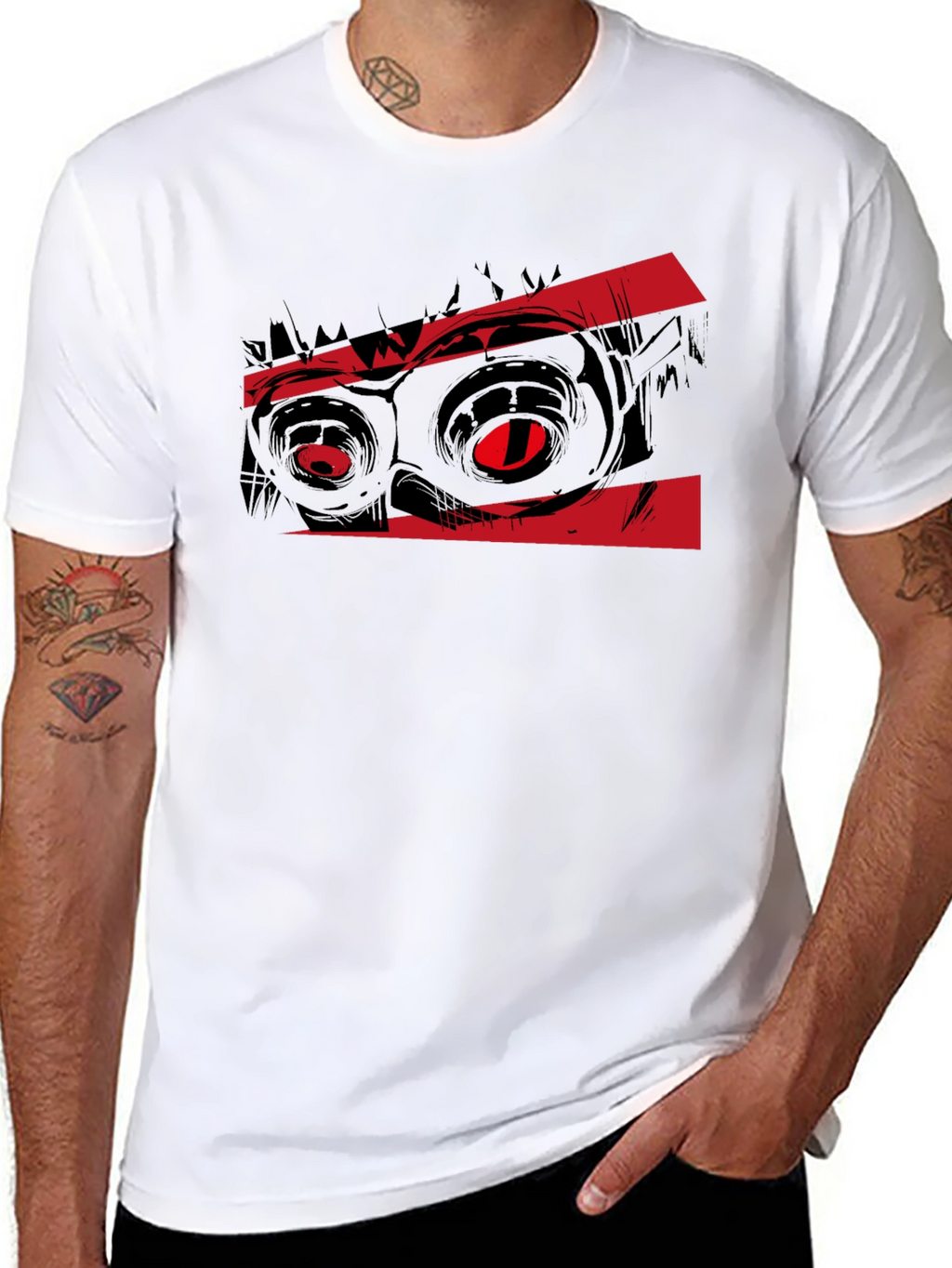 Graphic Black T-Shirt with Red Monster Eyes Design