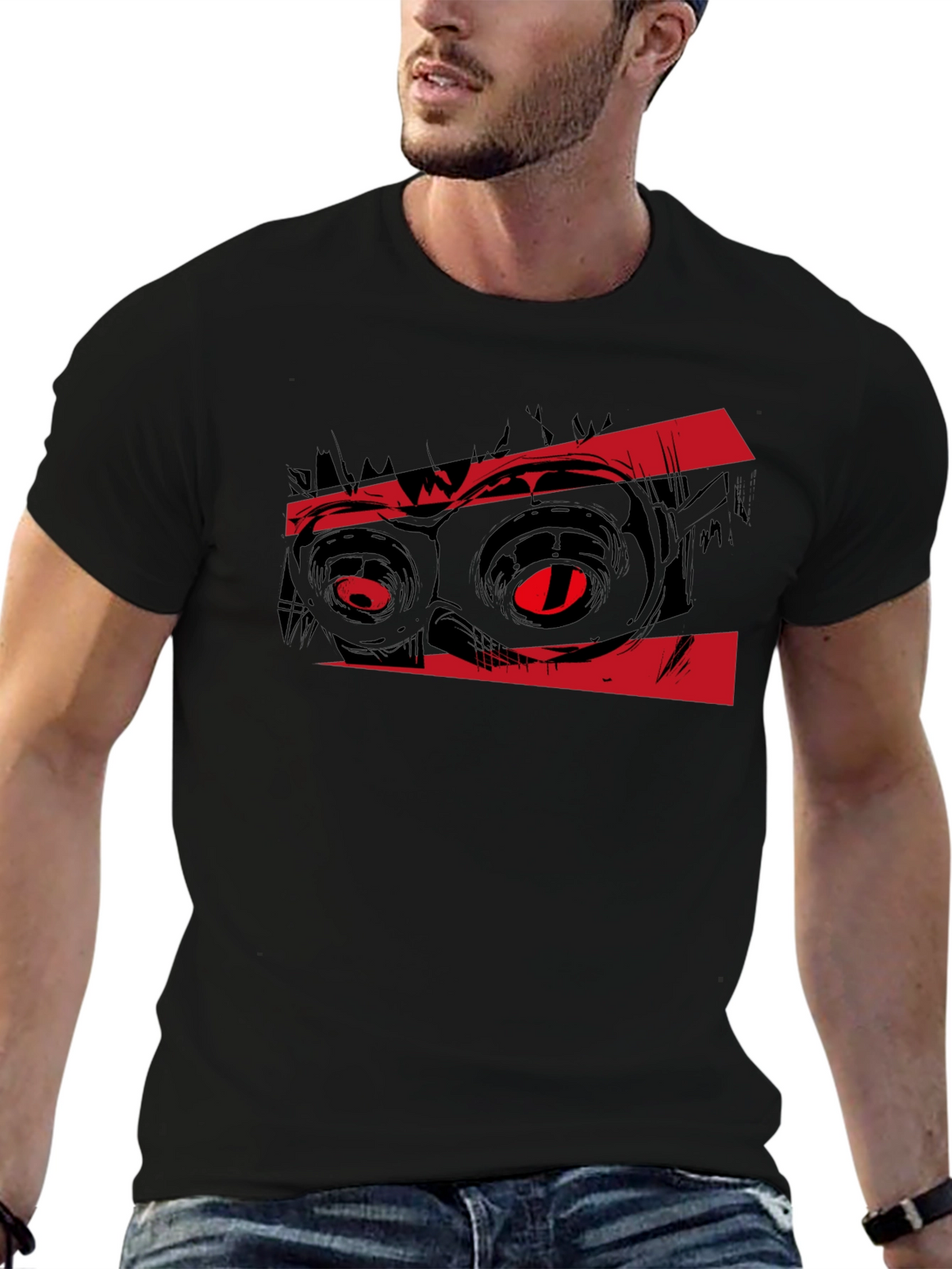 Graphic Black T-Shirt with Red Monster Eyes Design