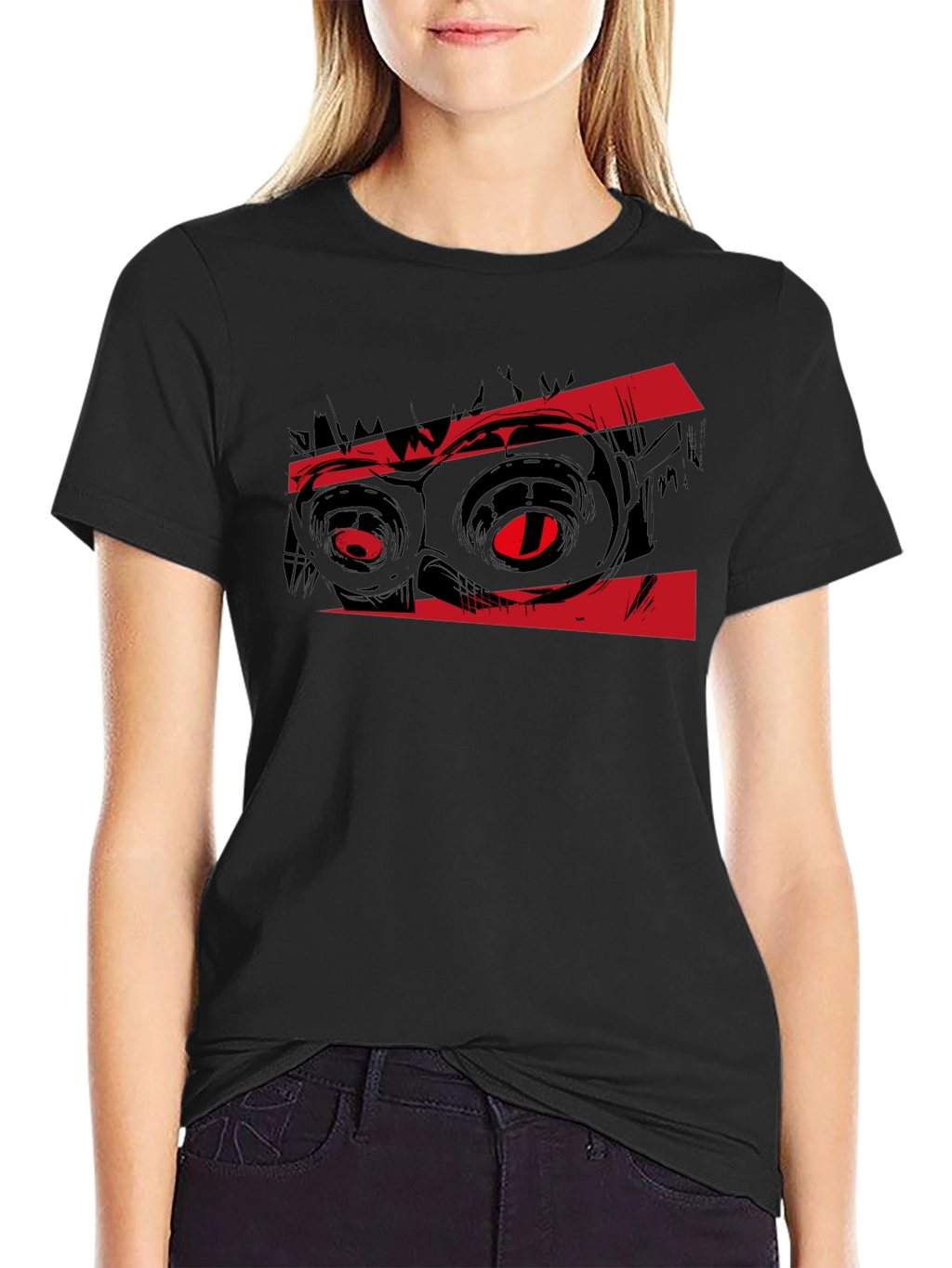 Graphic Black T-Shirt with Red Monster Eyes Design