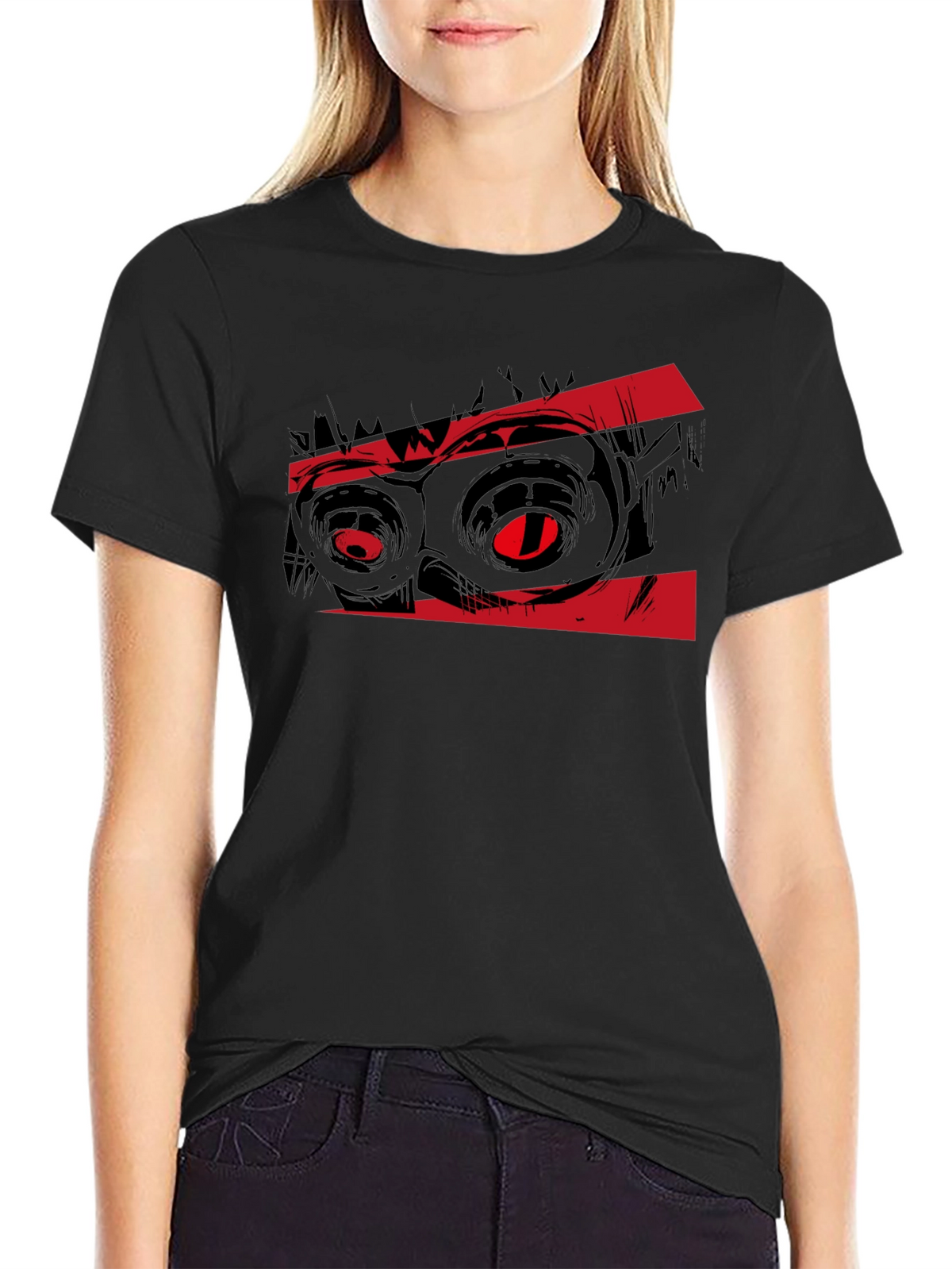 Graphic Black T-Shirt with Red Monster Eyes Design