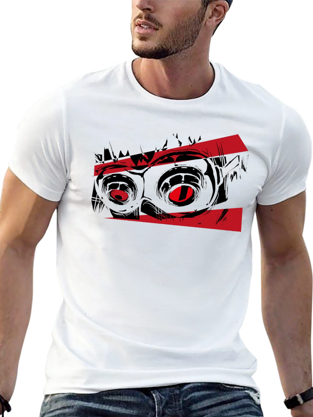 Graphic Black T-Shirt with Red Monster Eyes Design