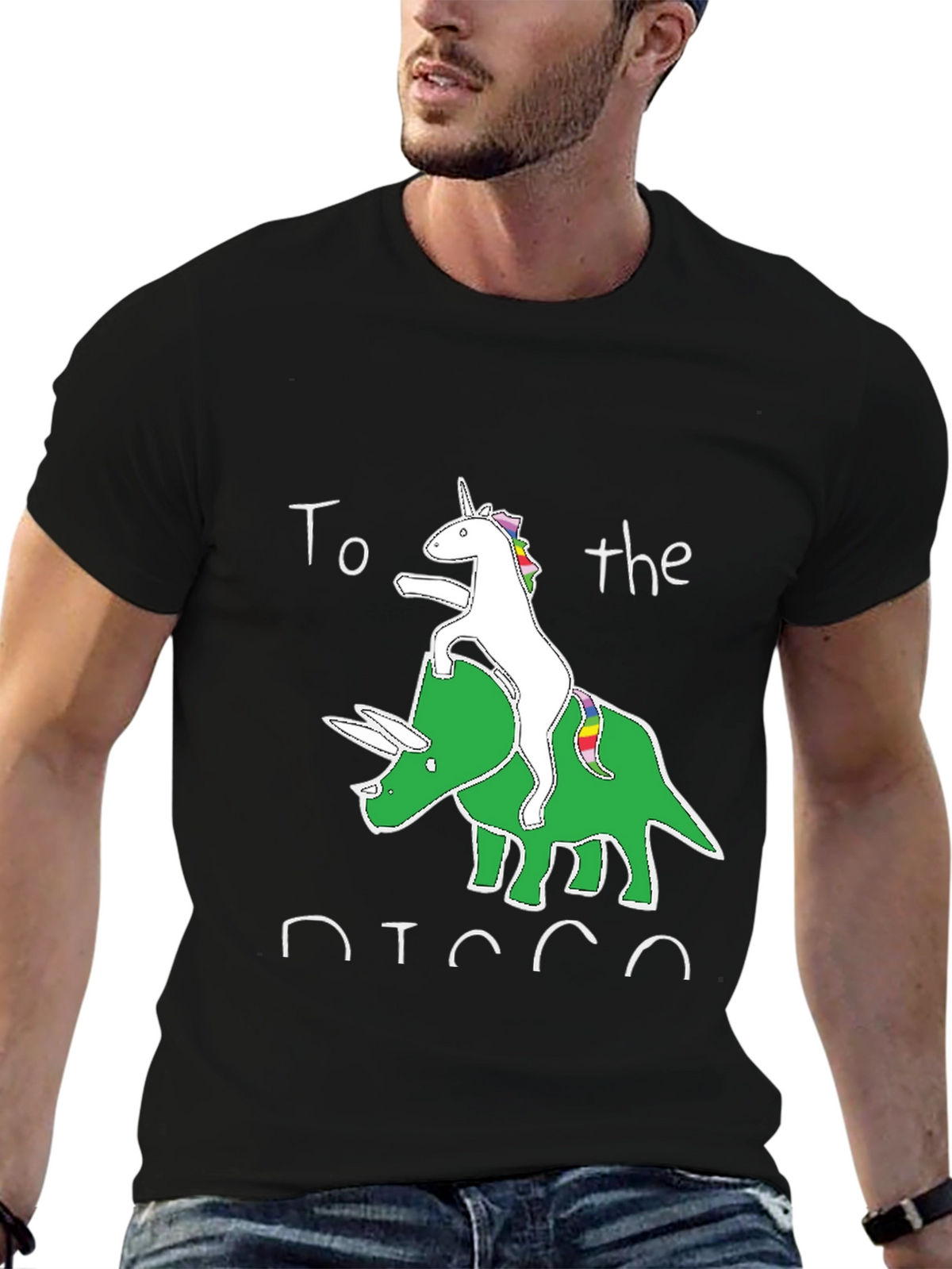 Unicorn Riding Triceratops Black Graphic T-Shirt