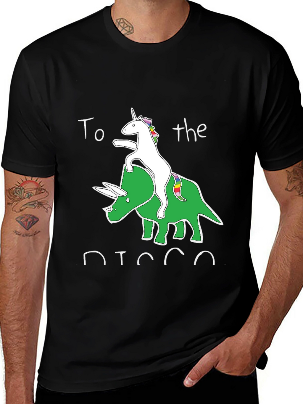 Unicorn Riding Triceratops Black Graphic T-Shirt