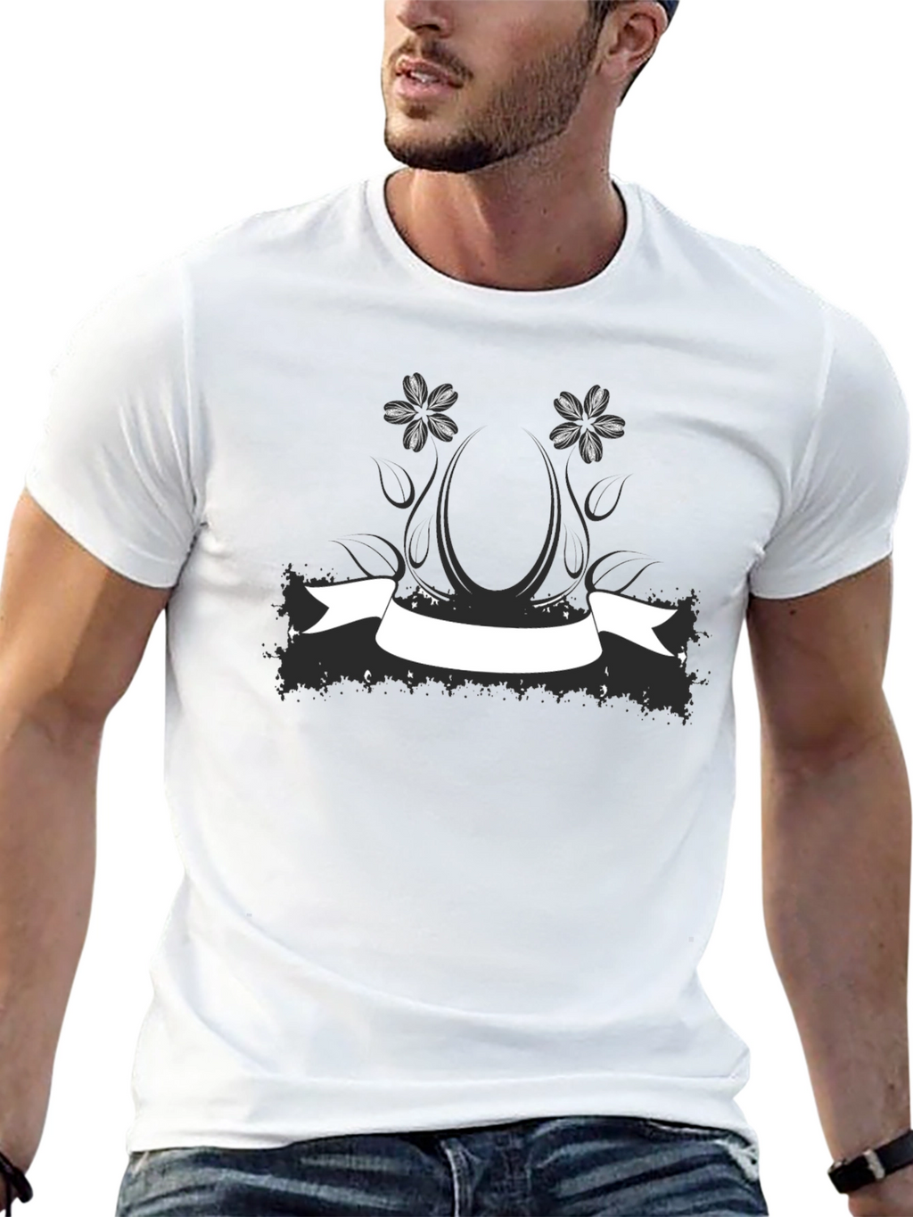 Black Graphic Tee with Floral Banner Design