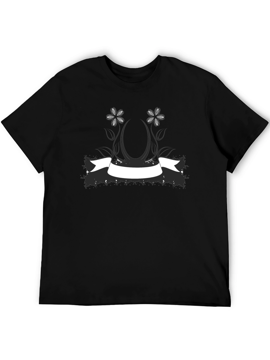 Black Graphic Tee with Floral Banner Design