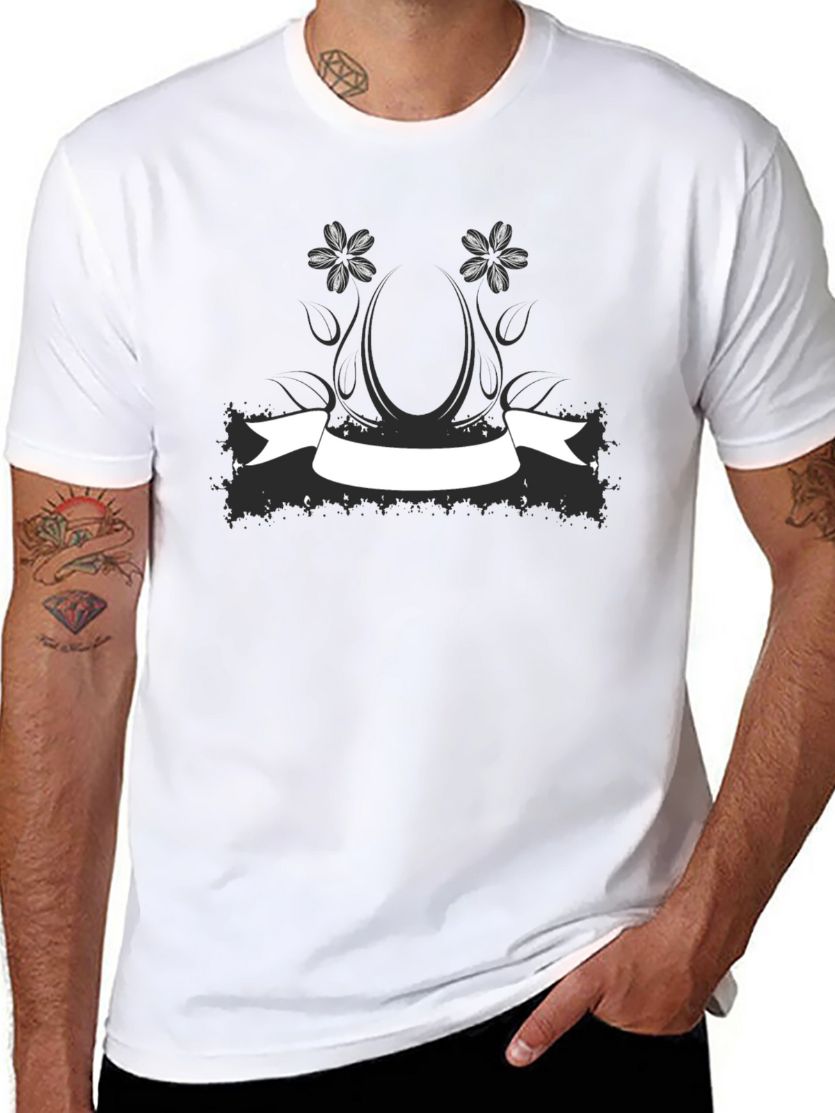 Black Graphic Tee with Floral Banner Design