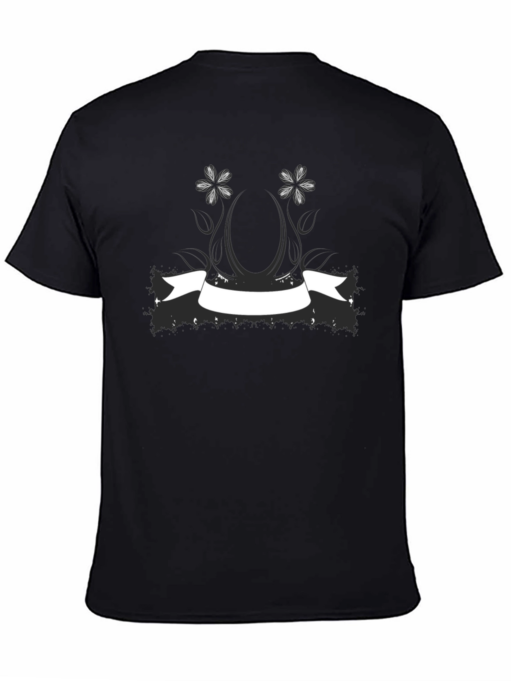 Black Graphic Tee with Floral Banner Design