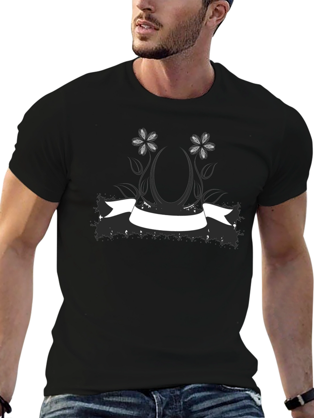 Black Graphic Tee with Floral Banner Design