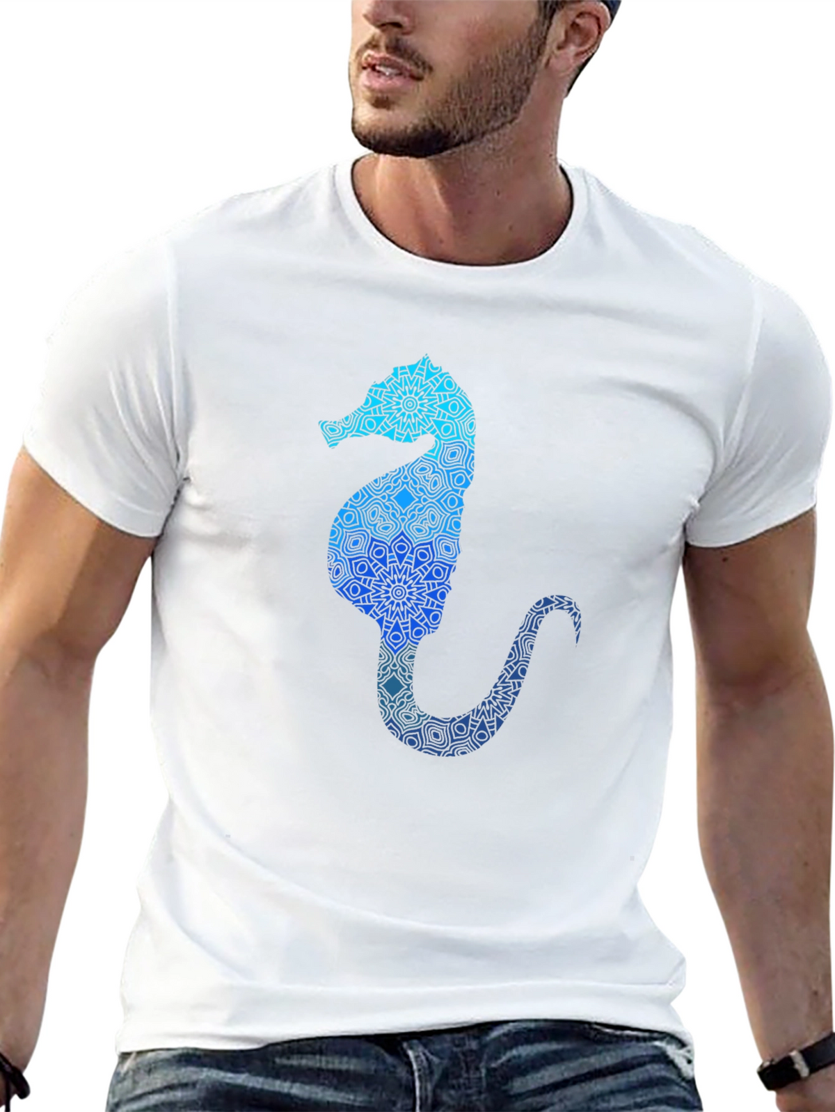 Blue Seahorse Graphic T-Shirt - Unique Mandala Design