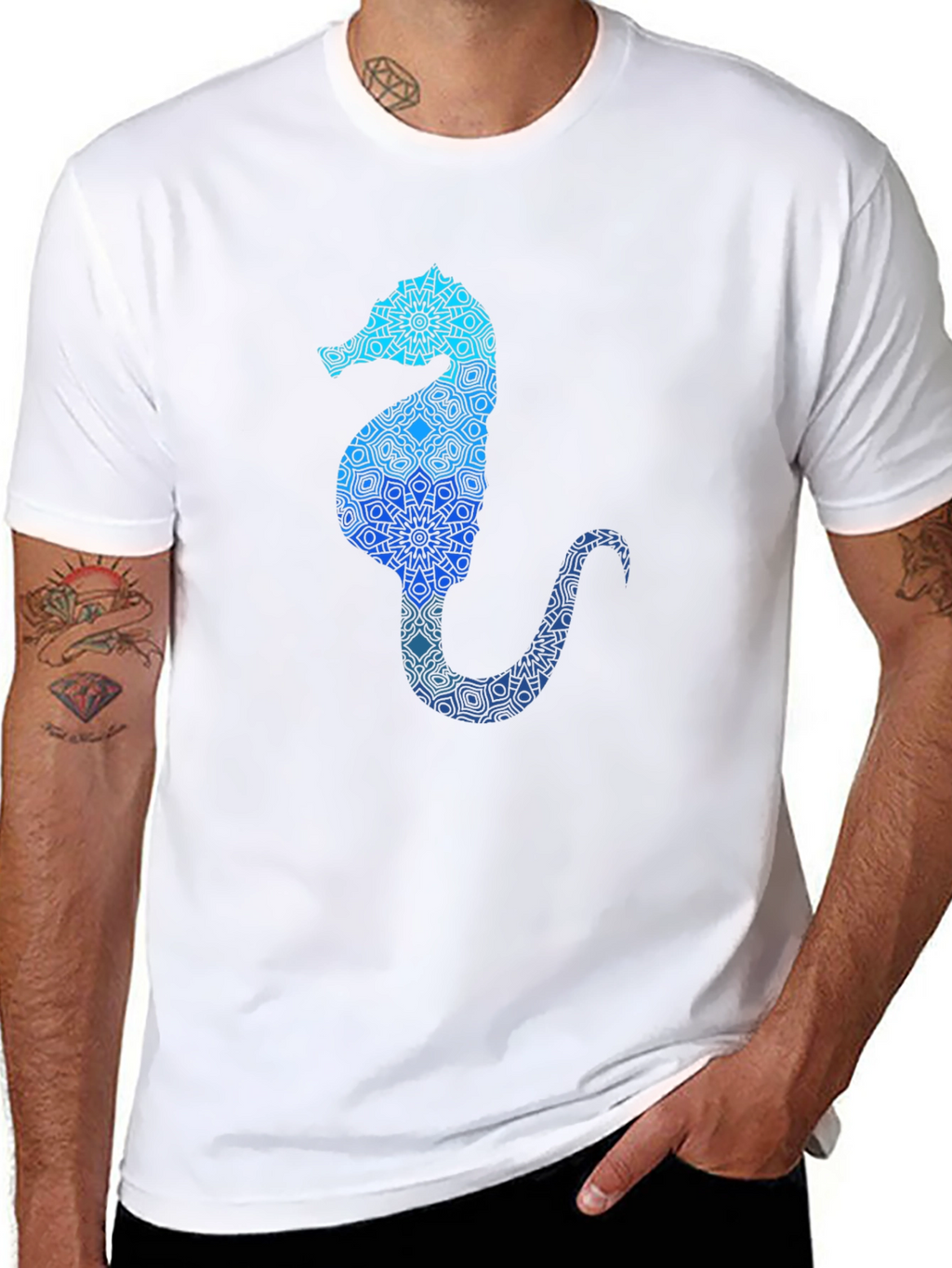 Blue Seahorse Graphic T-Shirt - Unique Mandala Design