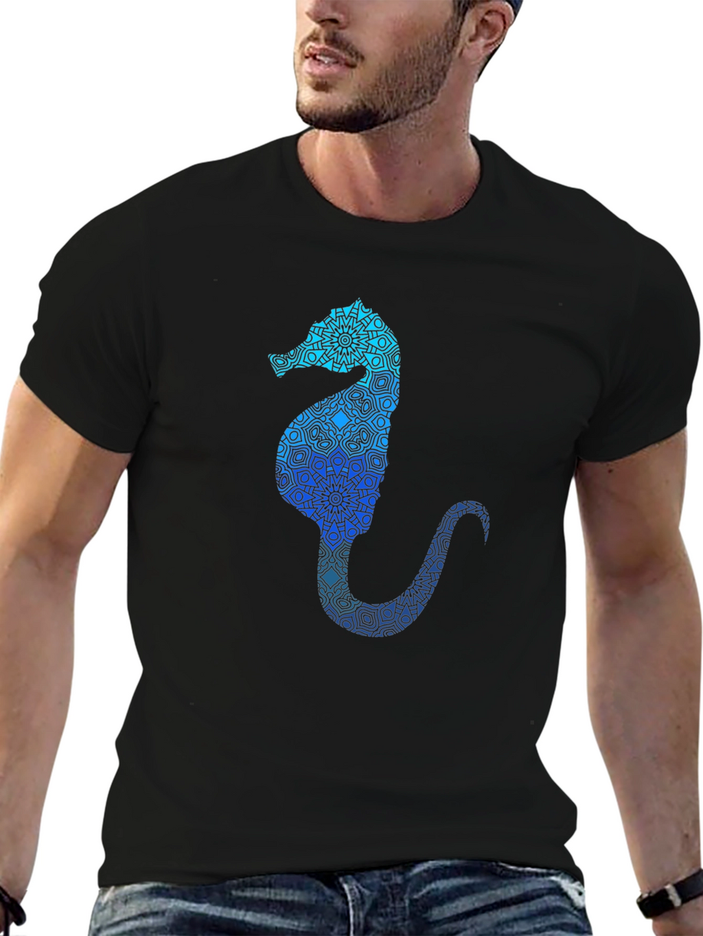 Blue Seahorse Graphic T-Shirt - Unique Mandala Design