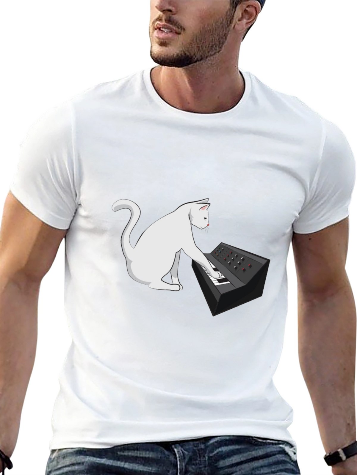 Cat Keyboardist Graphic Tee - Black Cotton T-Shirt