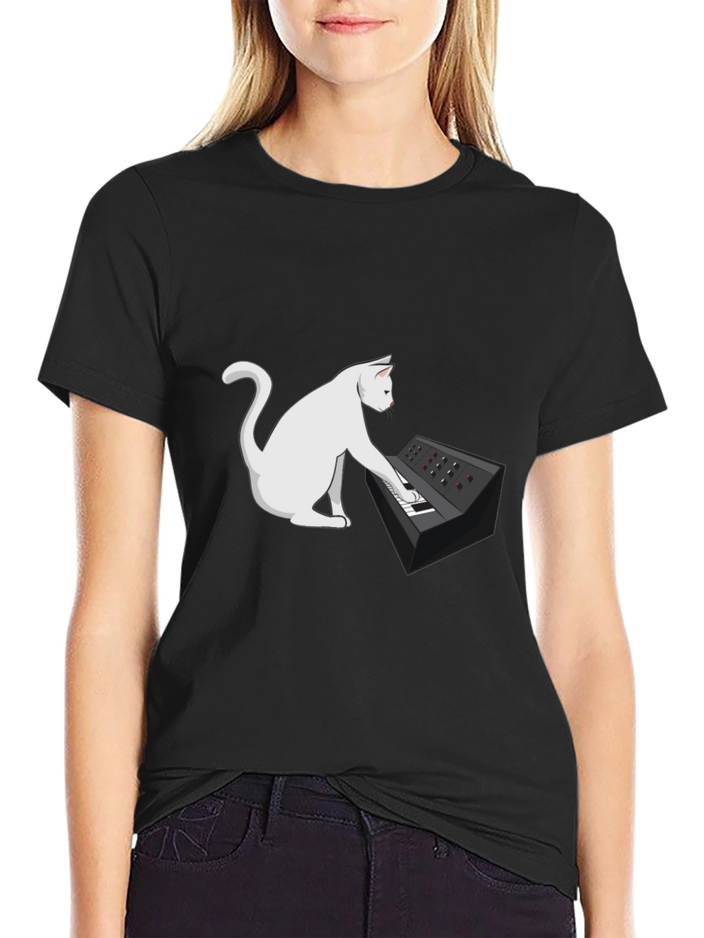 Cat Keyboardist Graphic Tee - Black Cotton T-Shirt