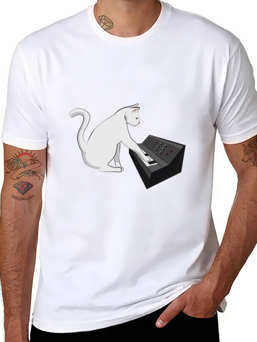Cat Keyboardist Graphic Tee - Black Cotton T-Shirt