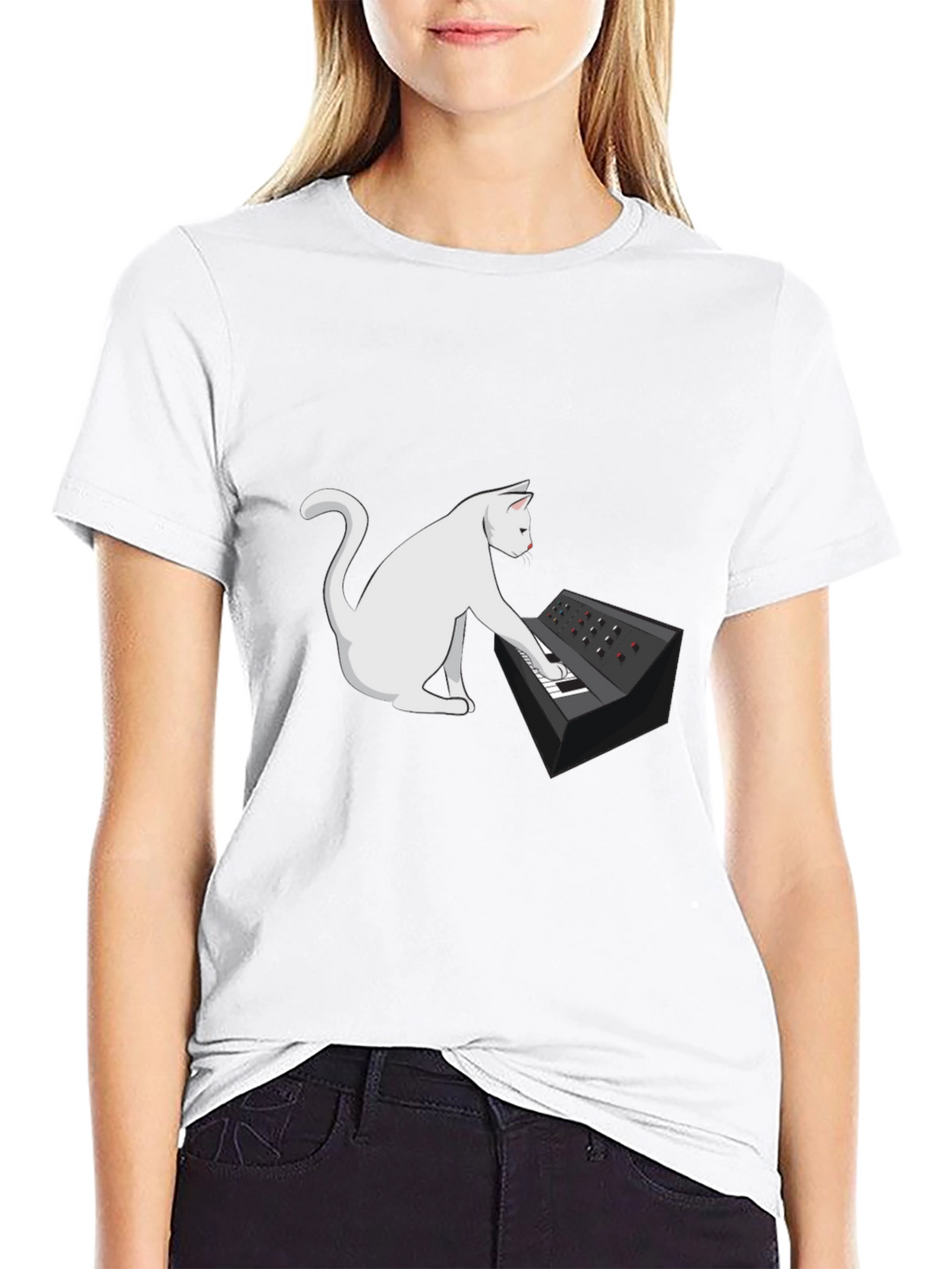 Cat Keyboardist Graphic Tee - Black Cotton T-Shirt