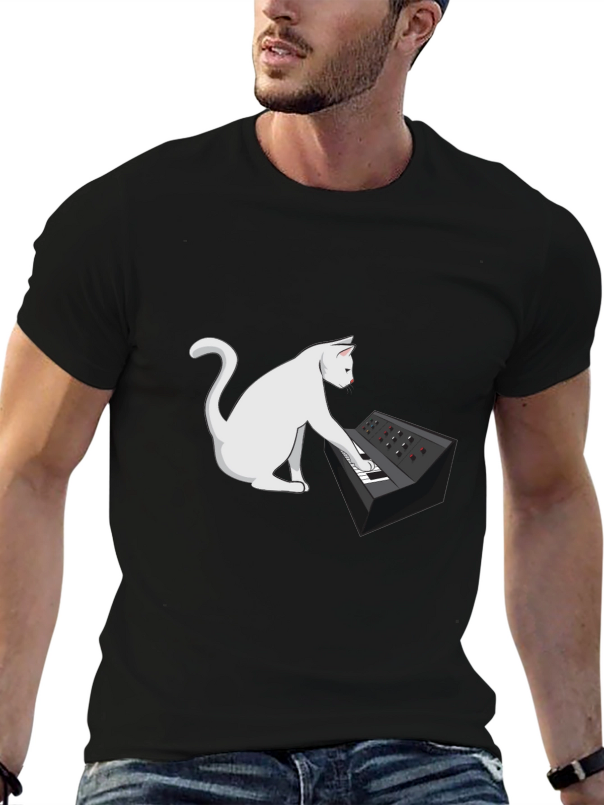 Cat Keyboardist Graphic Tee - Black Cotton T-Shirt