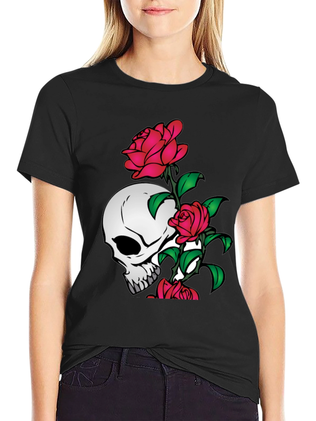 Skull and Roses Graphic Tee - Black
