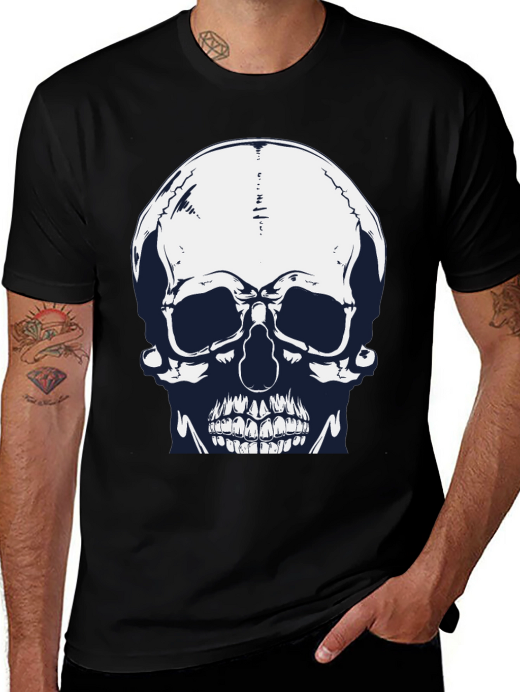 Skull Graphic Print Black Tee for Men