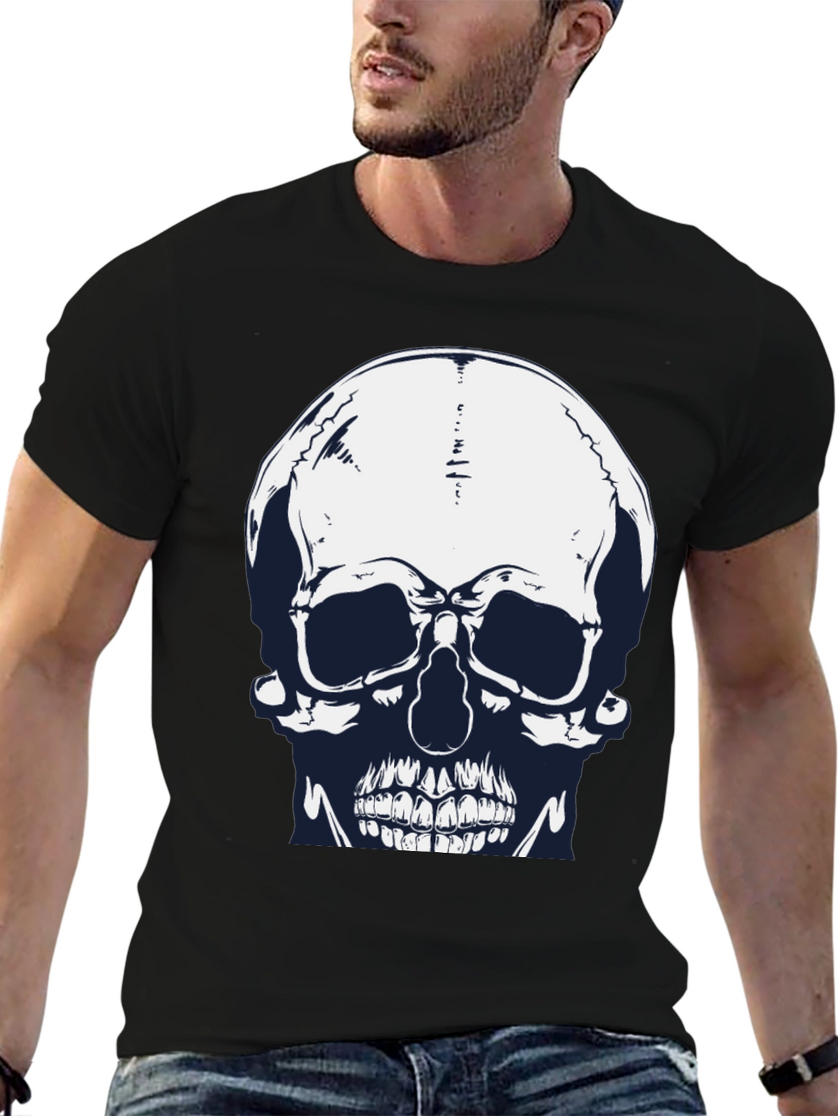Skull Graphic Print Black Tee for Men