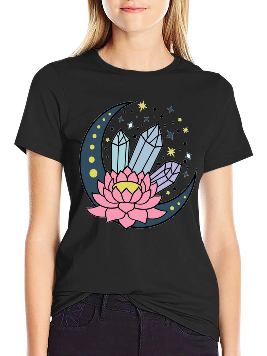 Moon Lotus Crystal T-Shirt - Celestial Design