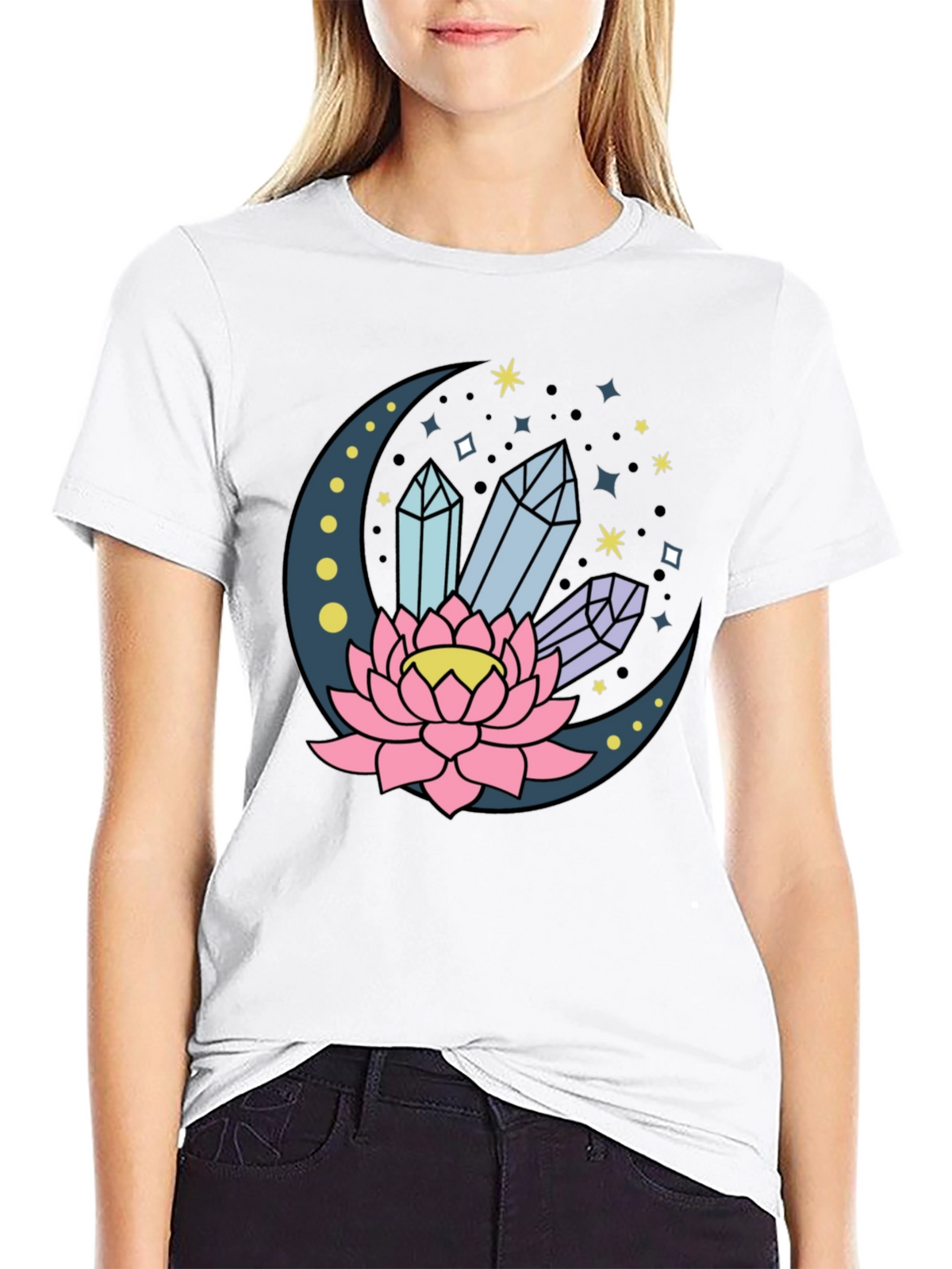 Moon Lotus Crystal T-Shirt - Celestial Design