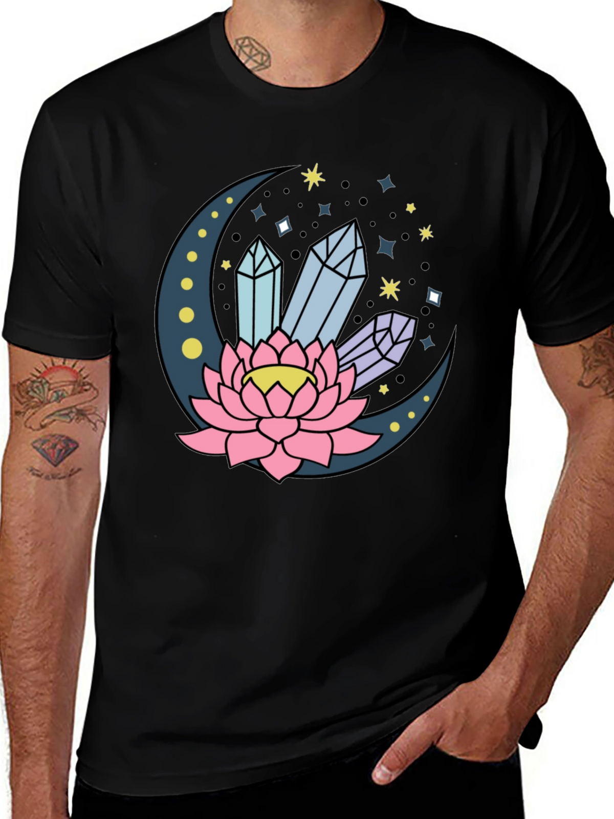 Moon Lotus Crystal T-Shirt - Celestial Design