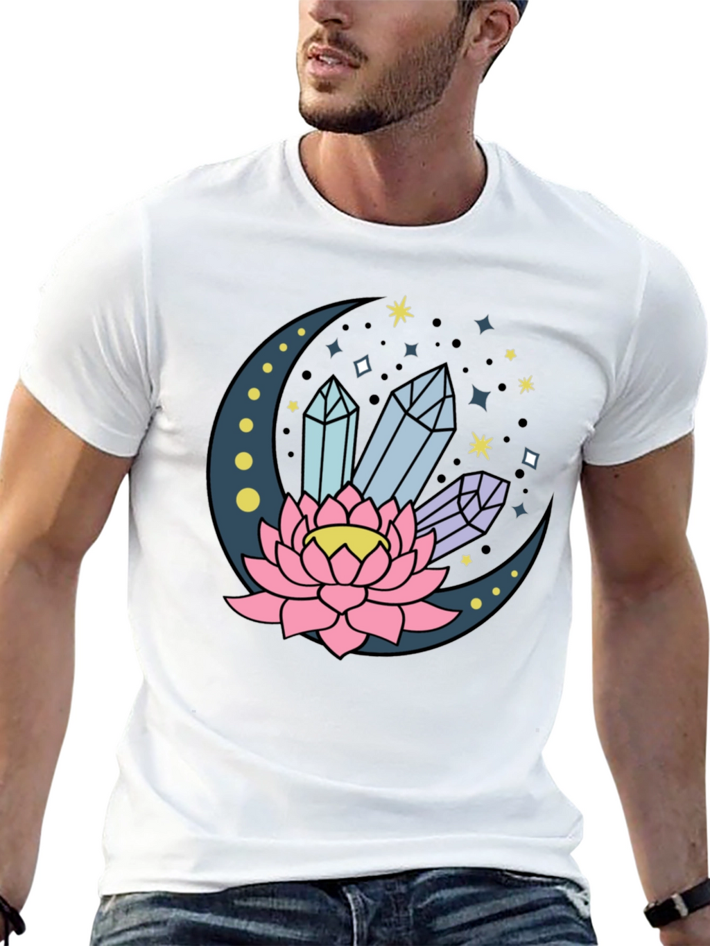 Moon Lotus Crystal T-Shirt - Celestial Design