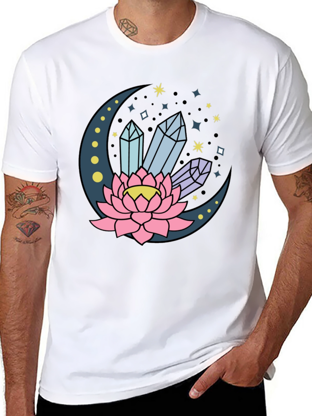 Moon Lotus Crystal T-Shirt - Celestial Design