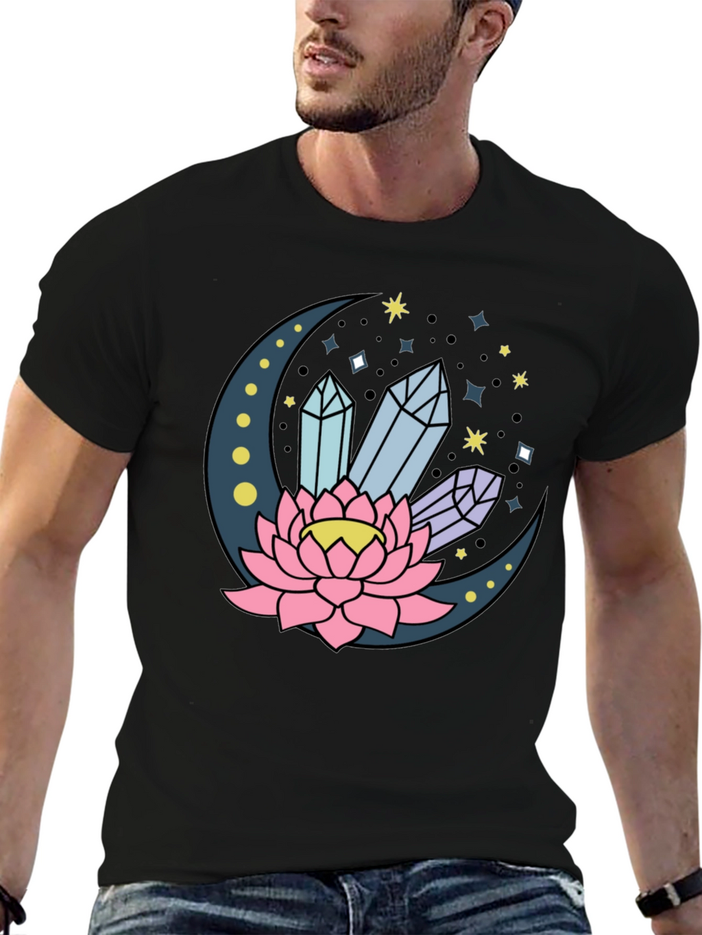 Moon Lotus Crystal T-Shirt - Celestial Design