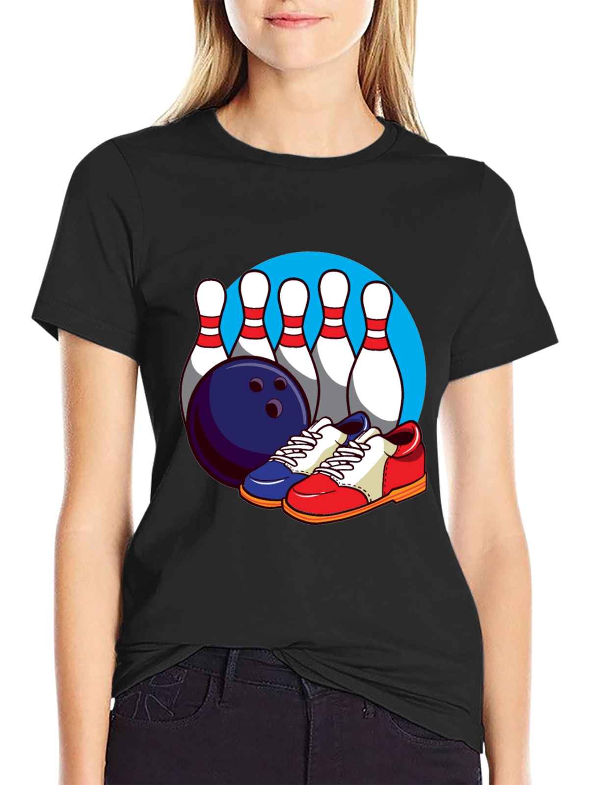 Bowling T-Shirt with Pins Ball and Shoes Graphic