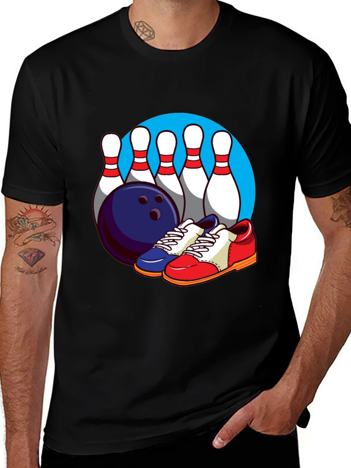 Bowling T-Shirt with Pins Ball and Shoes Graphic