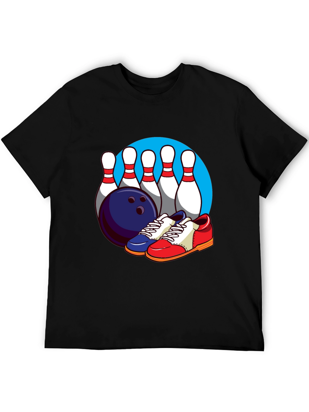 Bowling T-Shirt with Pins Ball and Shoes Graphic