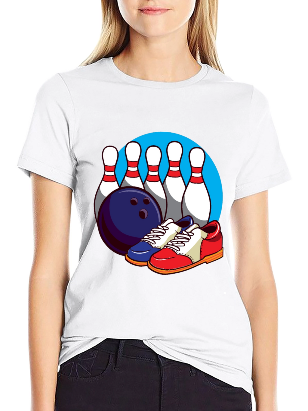 Bowling T-Shirt with Pins Ball and Shoes Graphic