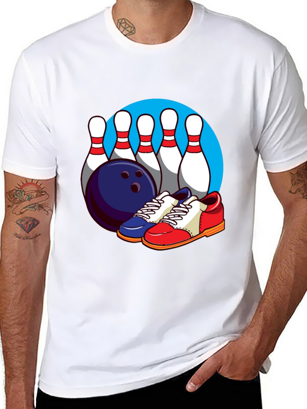 Bowling T-Shirt with Pins Ball and Shoes Graphic