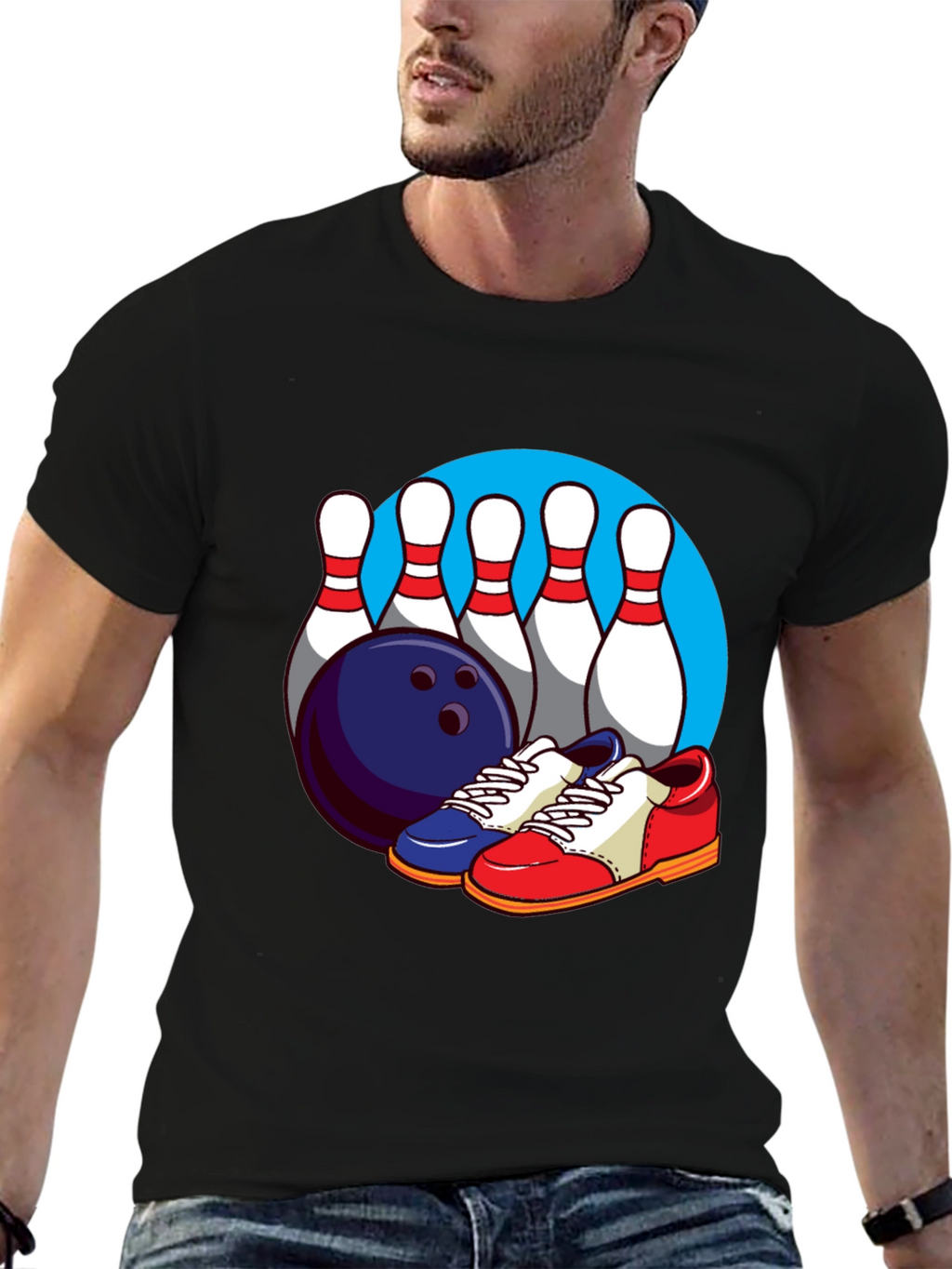 Bowling T-Shirt with Pins Ball and Shoes Graphic