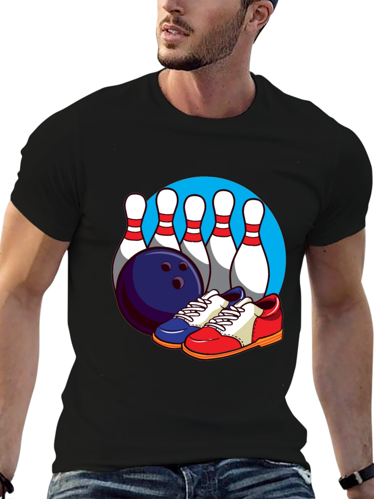 Bowling T-Shirt with Pins Ball and Shoes Graphic