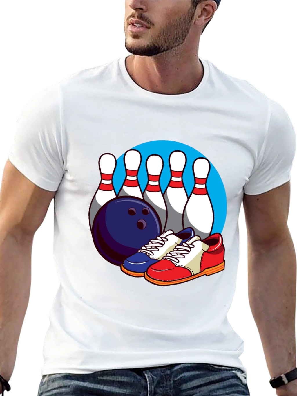 Bowling T-Shirt with Pins Ball and Shoes Graphic