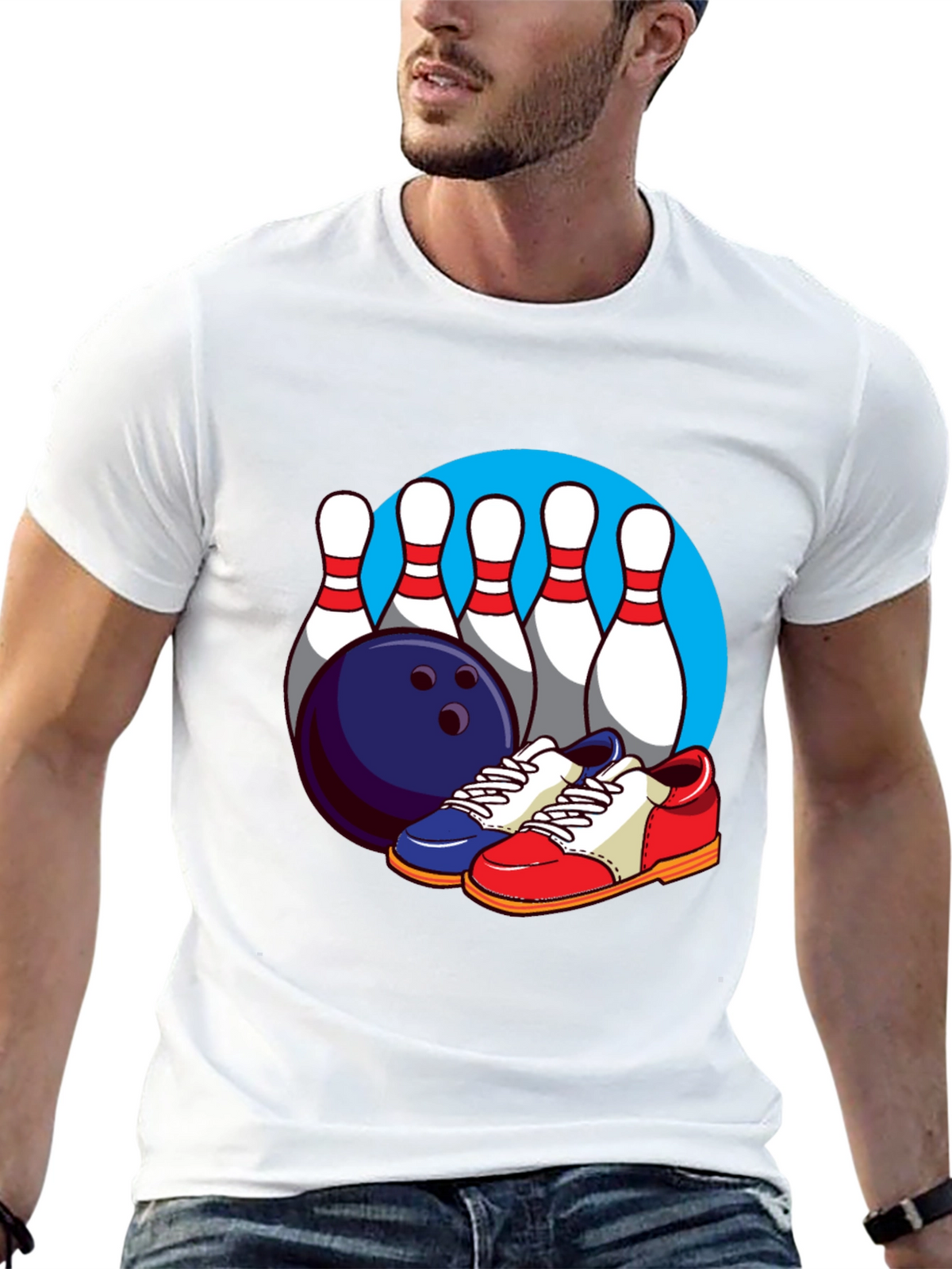 Bowling T-Shirt with Pins Ball and Shoes Graphic