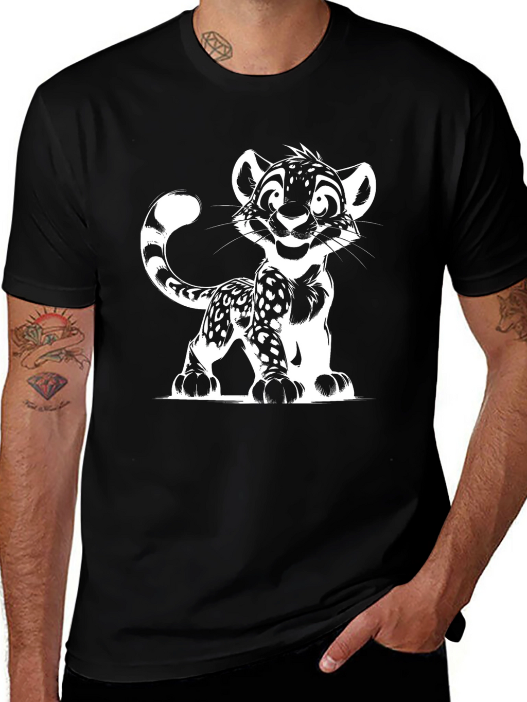 Cartoon Leopard Graphic Black T-Shirt