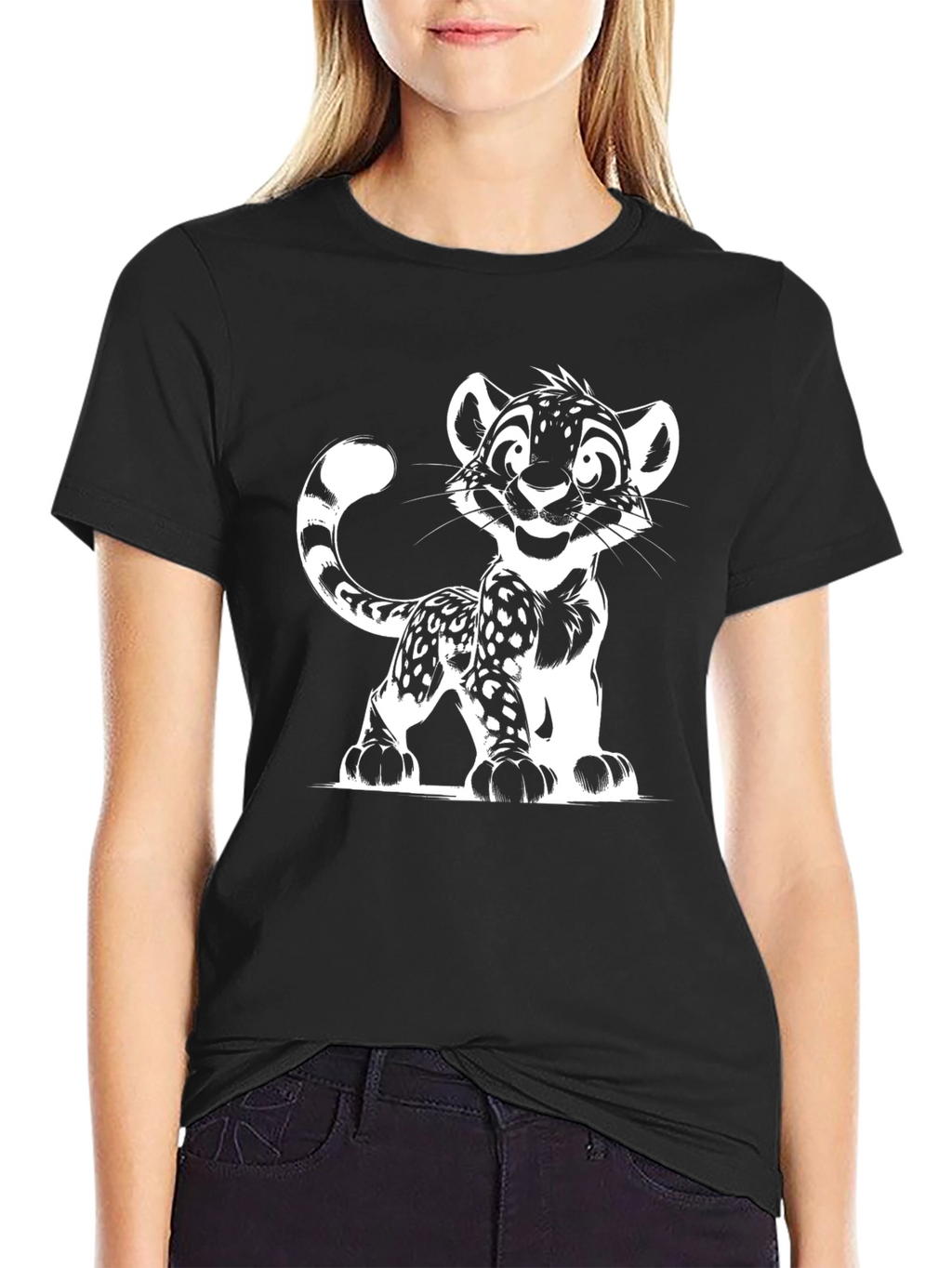 Cartoon Leopard Graphic Black T-Shirt