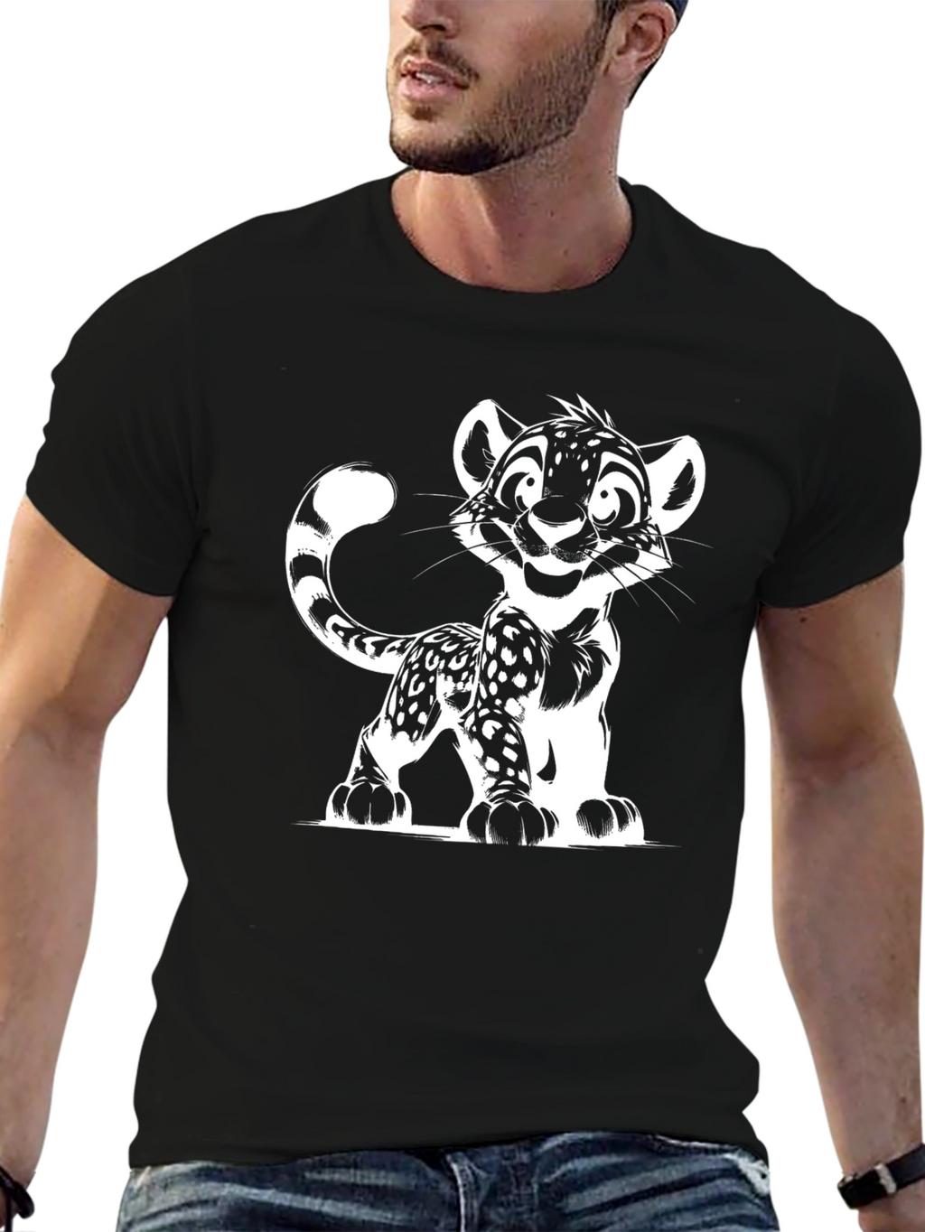 Cartoon Leopard Graphic Black T-Shirt