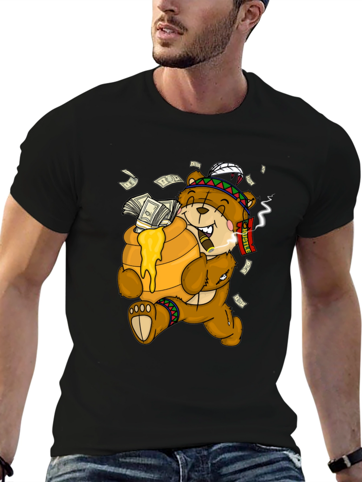 Cartoon Bear Hustle Graphic T-Shirt
