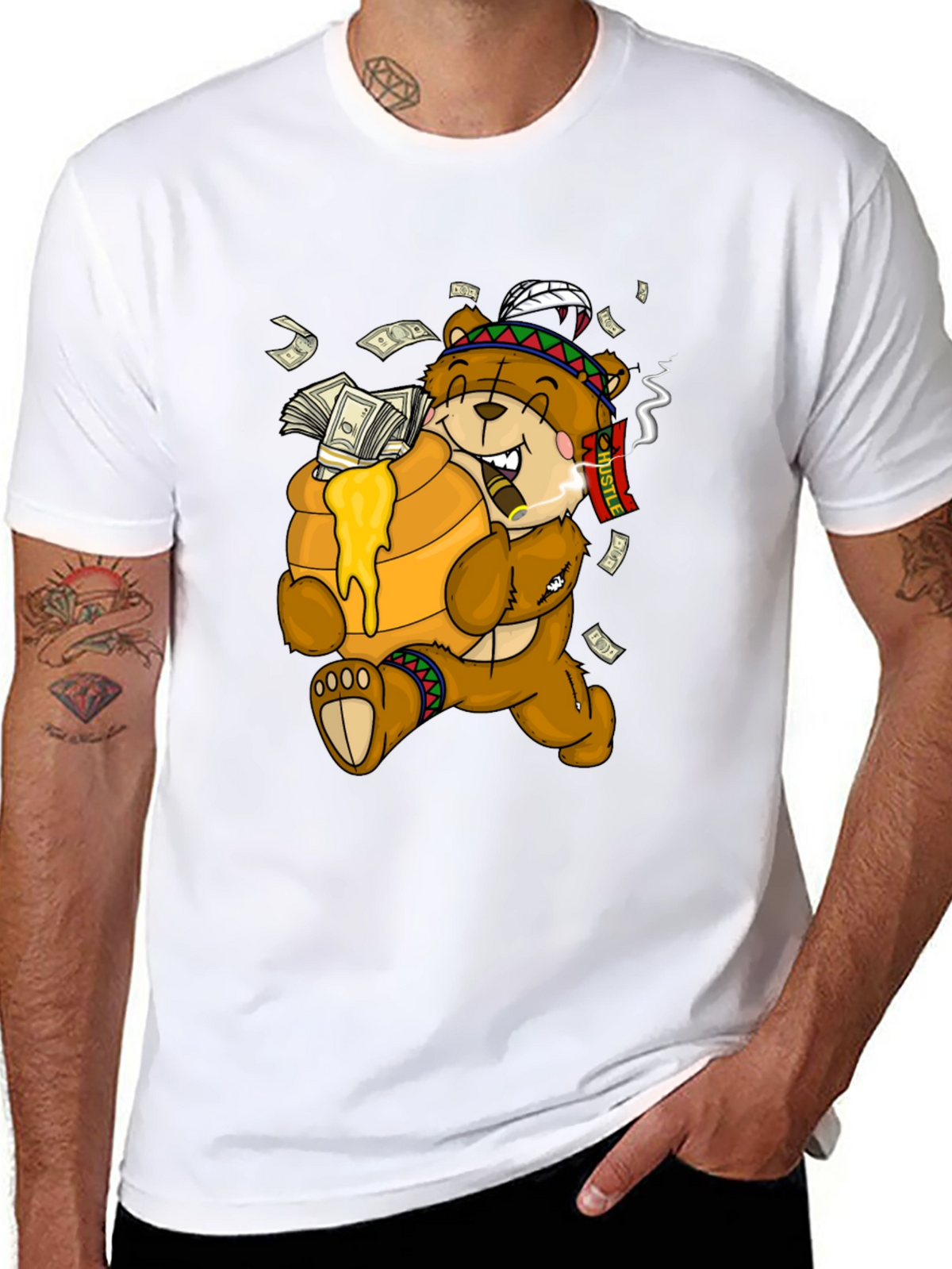 Cartoon Bear Hustle Graphic T-Shirt