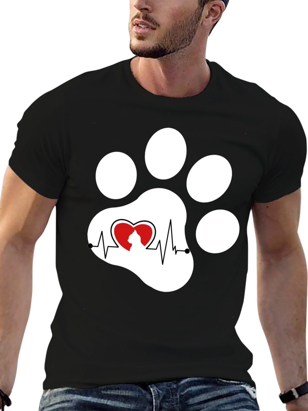 Black Cat Paw Heartbeat T-Shirt