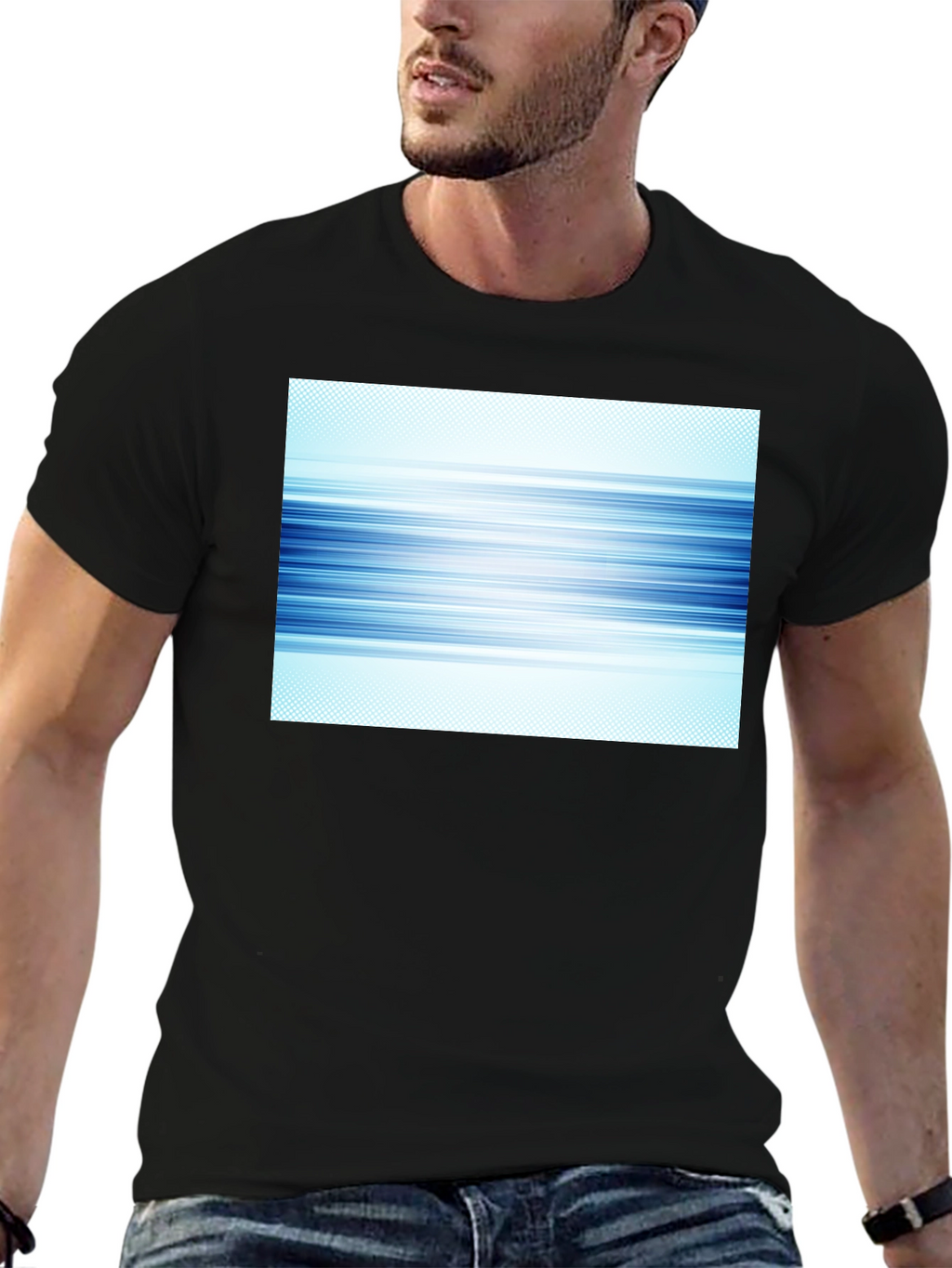 Abstract Blue Lines Graphic Black T-Shirt